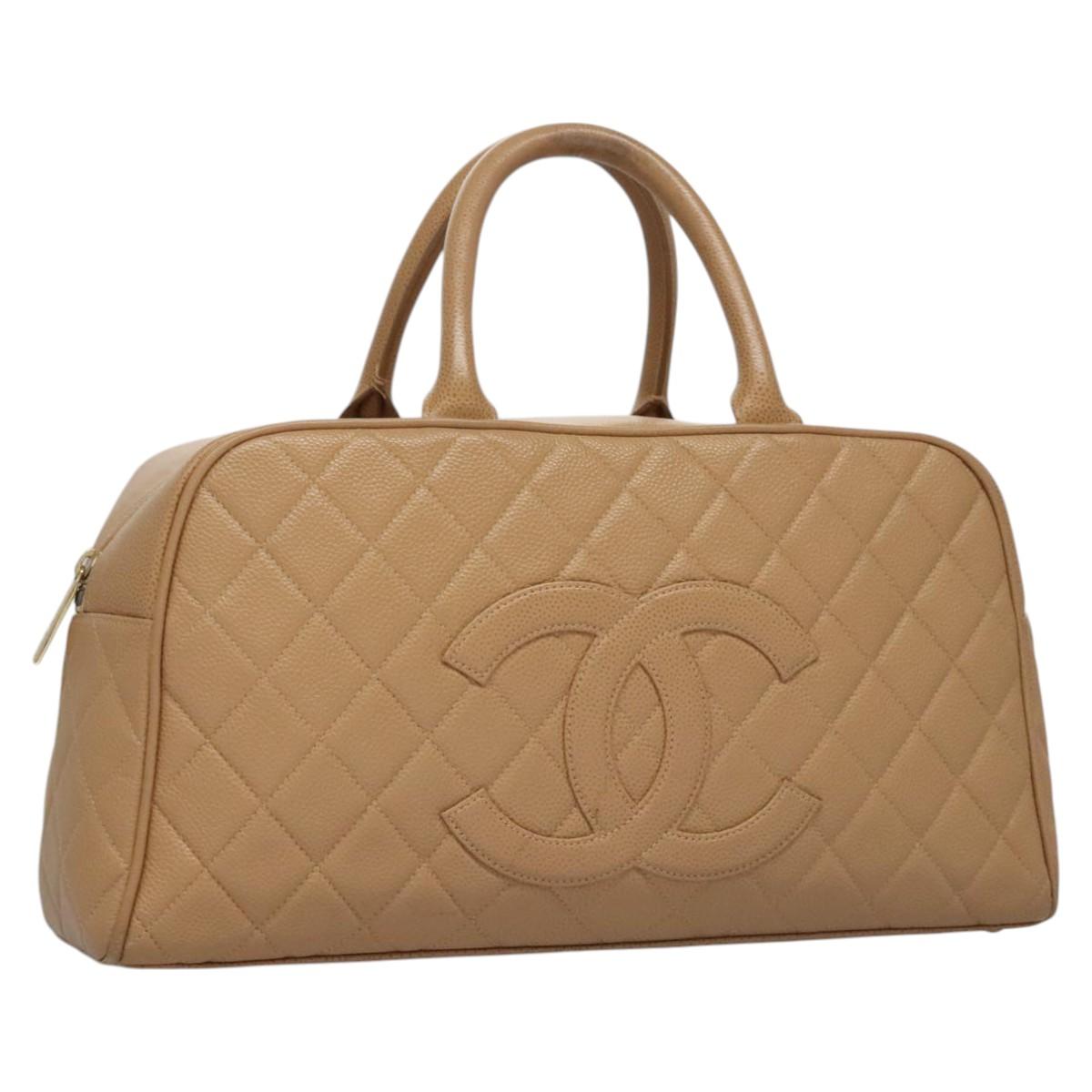 CHANEL Matelasse Hand Bag Caviar Skin Beige Gold CC Auth BA453A