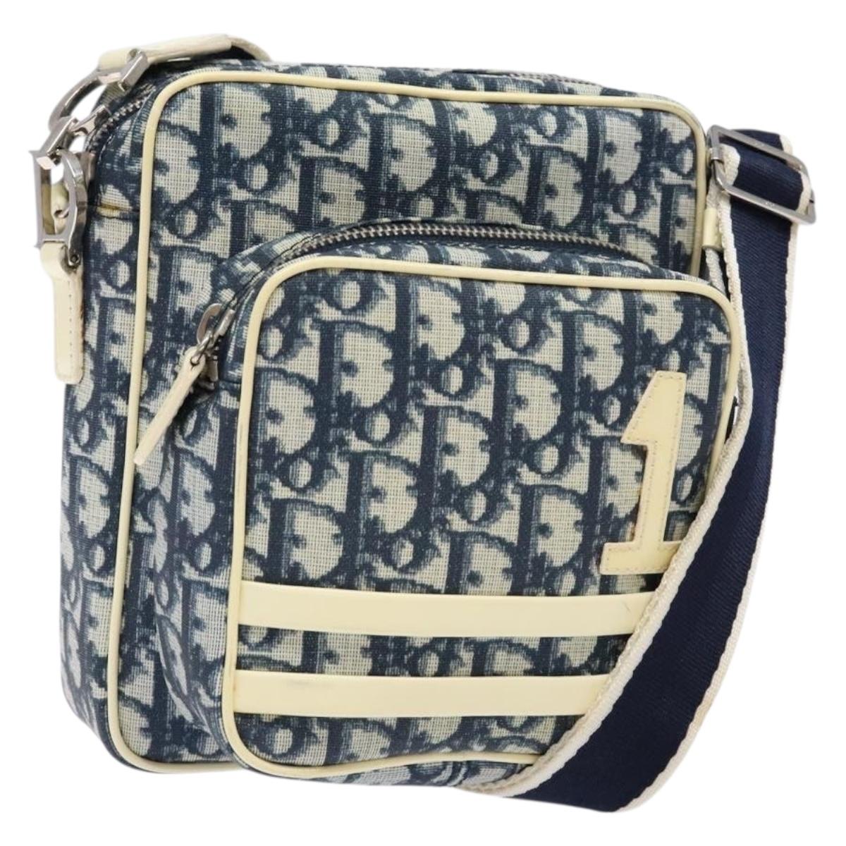 Christian Dior Trotter Canvas Shoulder Bag PVC Navy Silver Auth BA4540