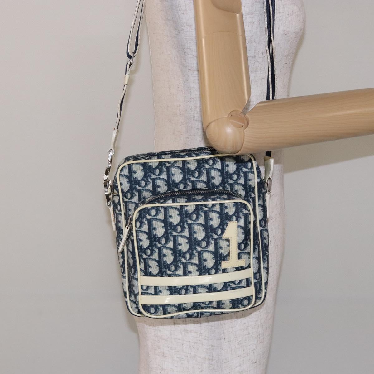 Christian Dior Trotter Canvas Shoulder Bag PVC Navy Silver Auth BA4540