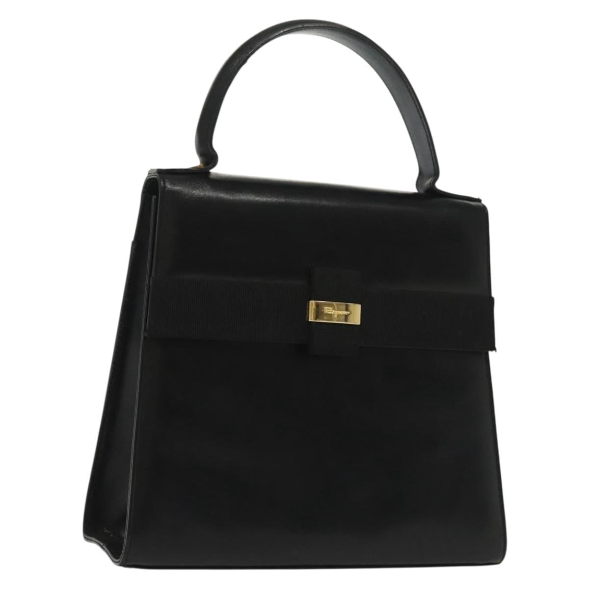 Salvatore Ferragamo Vala Hand Bag Leather Black Gold Auth BA4594