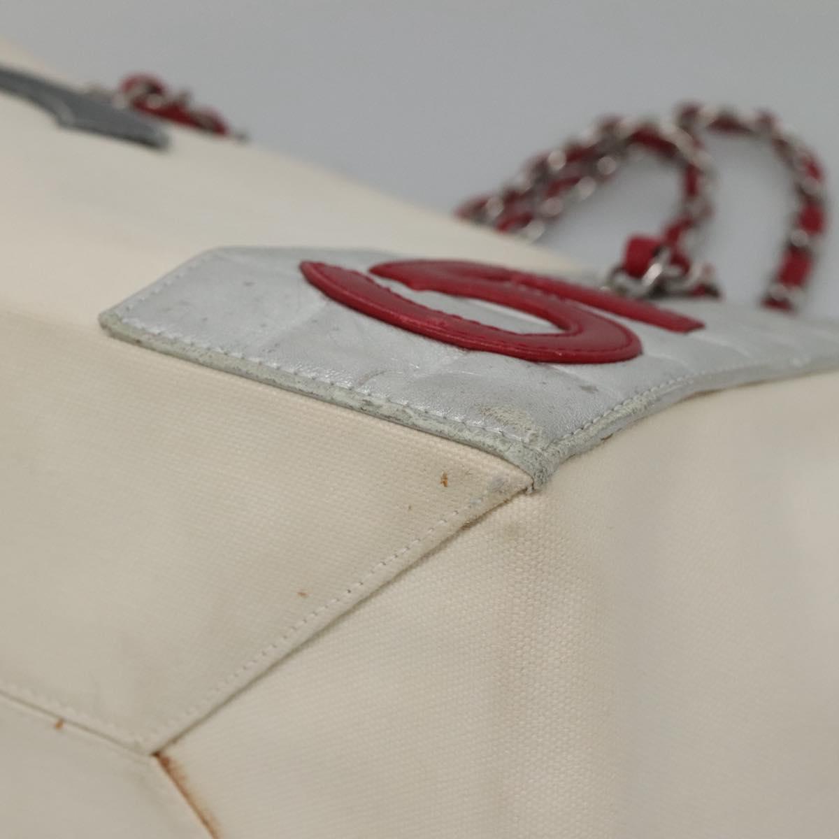 CHANEL Choco Bar COCO Mark Chain Hand Bag Canvas Beige Silver CC Auth BA4601