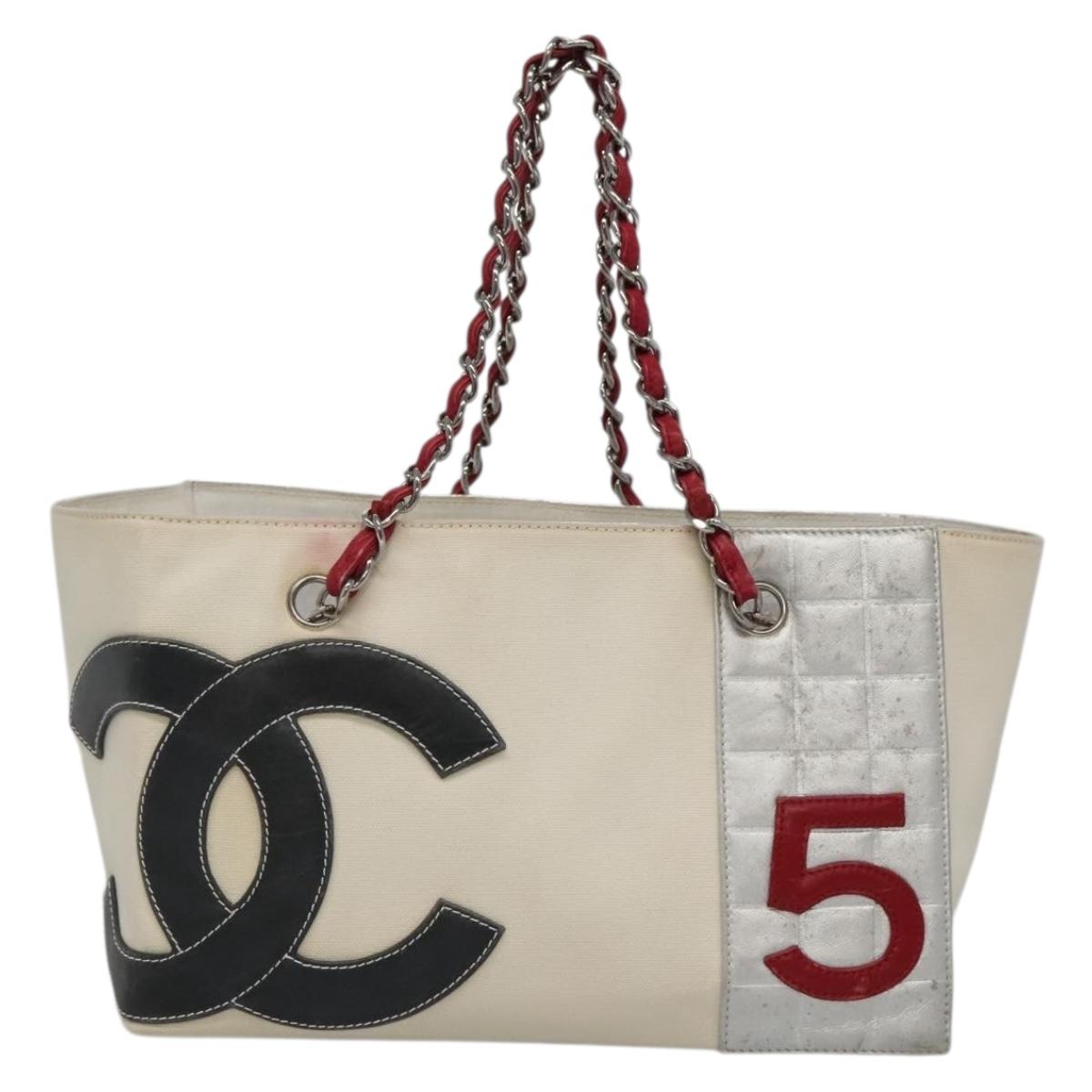 CHANEL Choco Bar COCO Mark Chain Hand Bag Canvas Beige Silver CC Auth BA4601