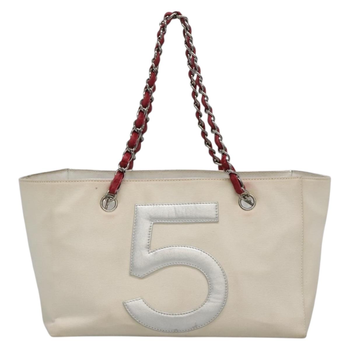 CHANEL Choco Bar COCO Mark Chain Hand Bag Canvas Beige Silver CC Auth BA4601