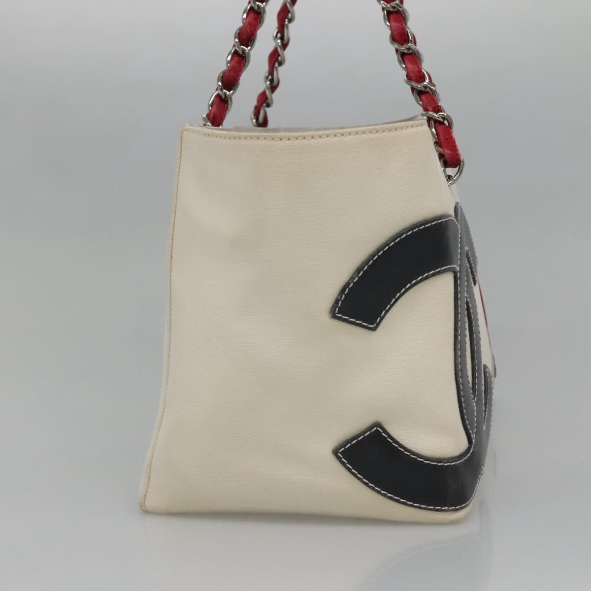 CHANEL Choco Bar COCO Mark Chain Hand Bag Canvas Beige Silver CC Auth BA4601