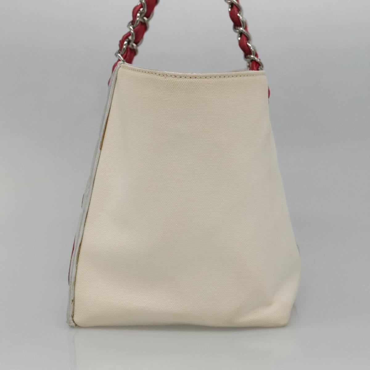 CHANEL Choco Bar COCO Mark Chain Hand Bag Canvas Beige Silver CC Auth BA4601