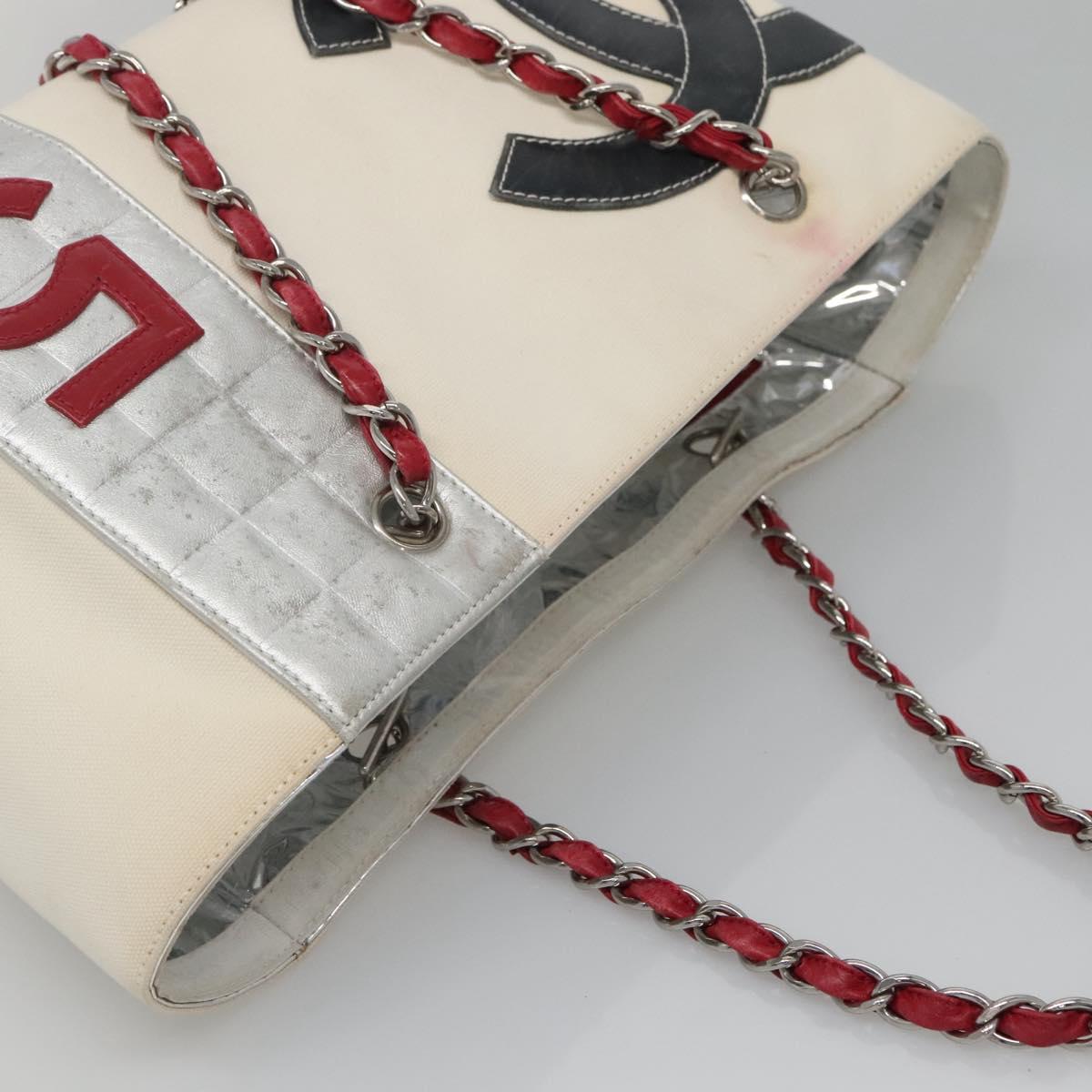 CHANEL Choco Bar COCO Mark Chain Hand Bag Canvas Beige Silver CC Auth BA4601