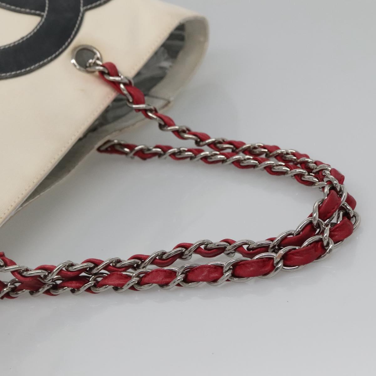 CHANEL Choco Bar COCO Mark Chain Hand Bag Canvas Beige Silver CC Auth BA4601