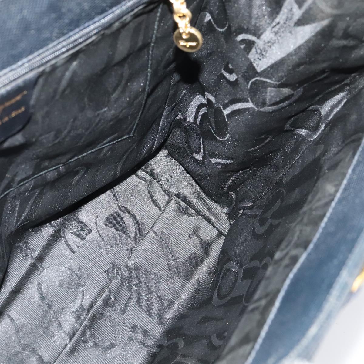 Salvatore Ferragamo Tote Bag Leather Embossed Navy Gold Auth BA4645