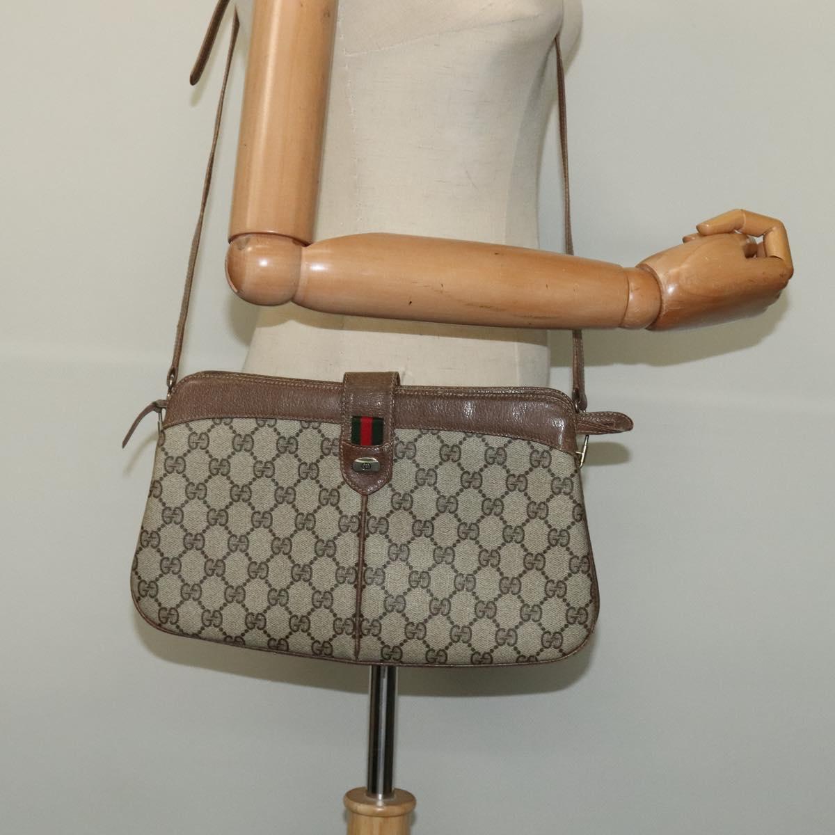 GUCCI GG Supreme Web Sherry Line Shoulder Bag PVC Beige Red Auth BA4658