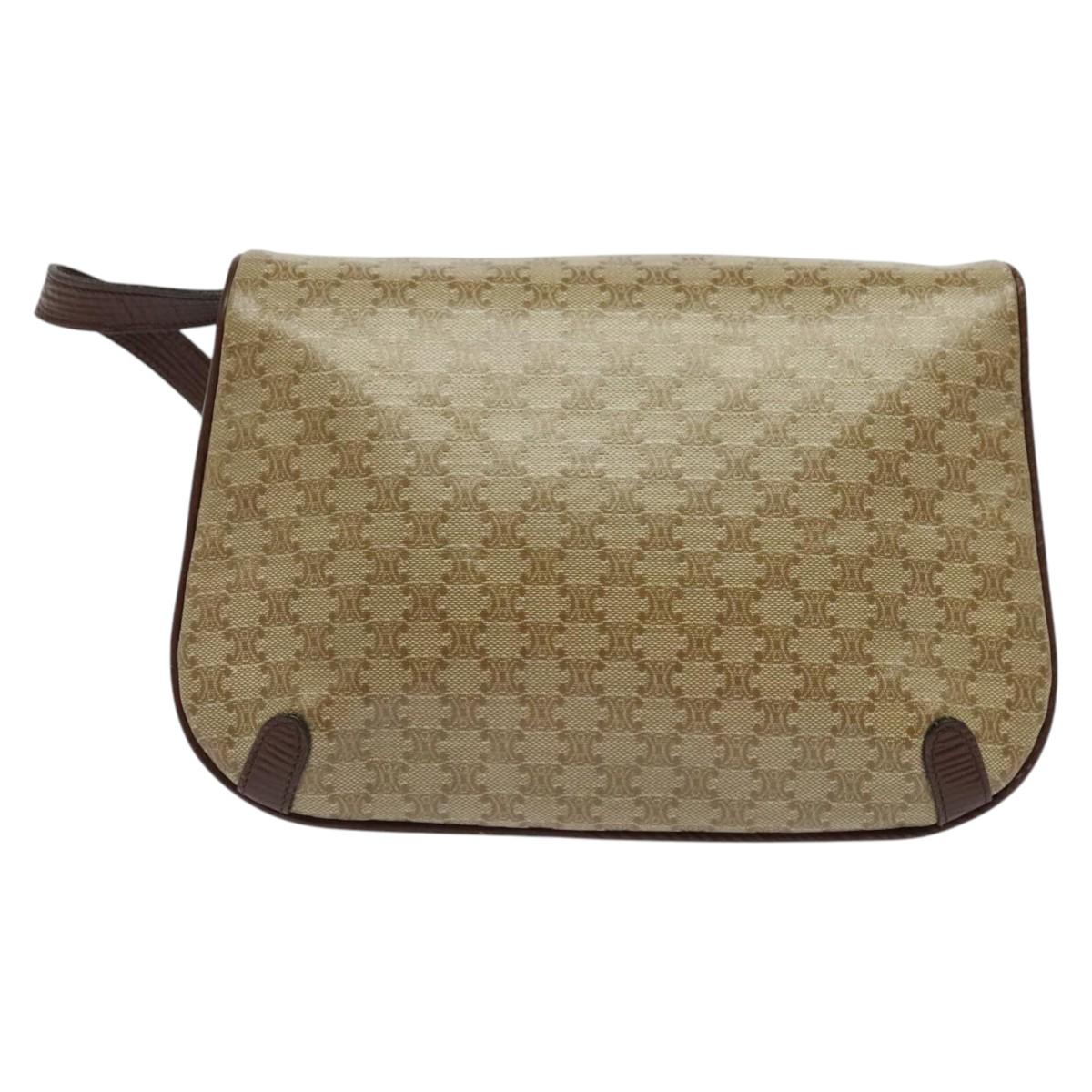 CELINE Macadam Canvas Shoulder Bag Beige Gold Auth BA4671