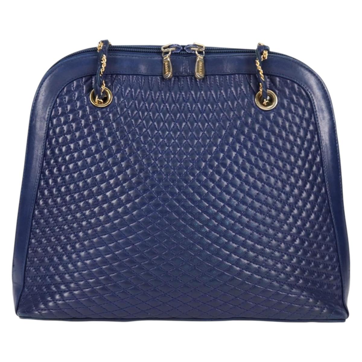 BALLY Quilted Chain Shoulder Bag Leather Blue Gold Auth BA4685