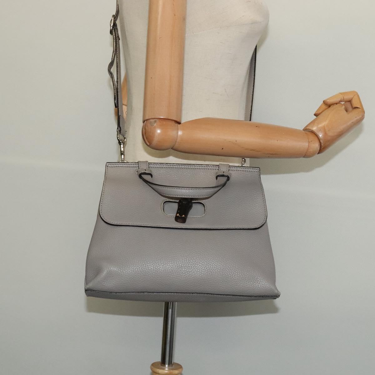 GUCCI Bamboo Daily Hand Bag Leather 2way Gray Silver 370831 Auth BA4687