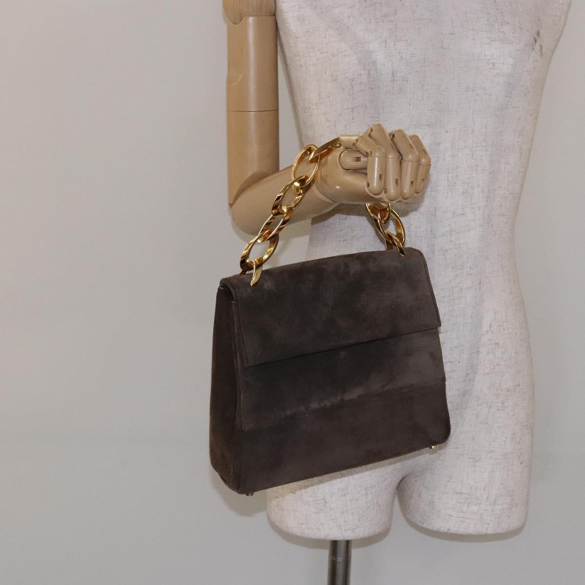 Salvatore Ferragamo Chain Hand Bag Suede Gray Gold Auth BA4690