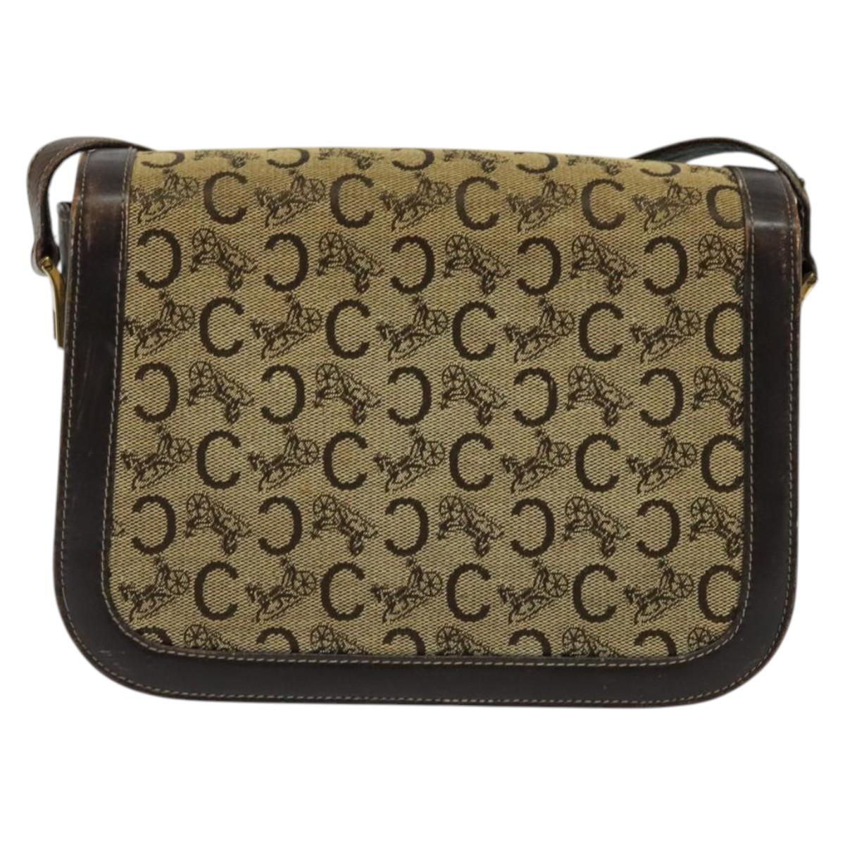 CELINE C Sulky Horsebit Shoulder Bag Canvas Leather Brown Gold Auth BA4723