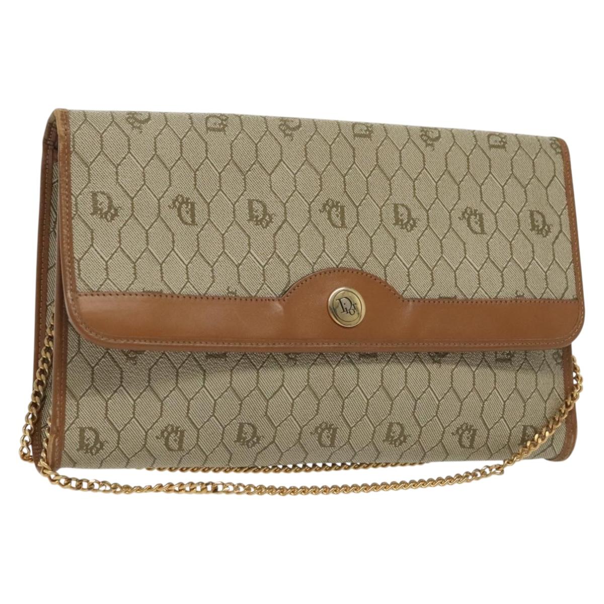 Christian Dior Honeycomb Canvas Chain Shoulder Bag PVC Beige Gold Auth BA4743