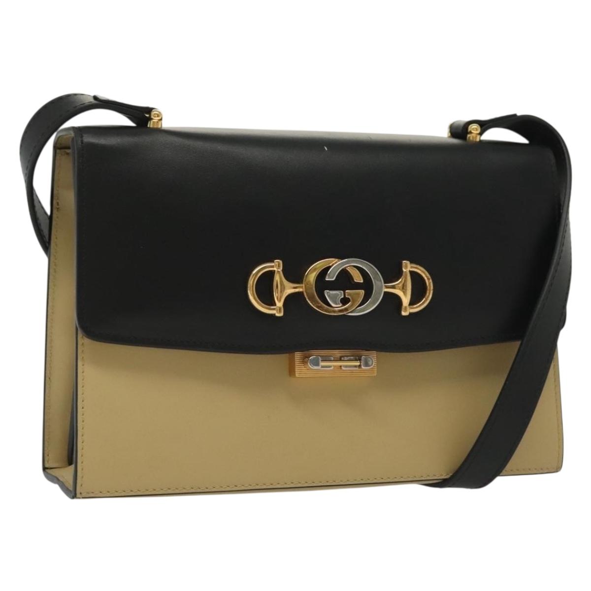 GUCCI Horsebit Zumi Shoulder Bag Leather Beige Gold Silver 576388 Auth BA4748