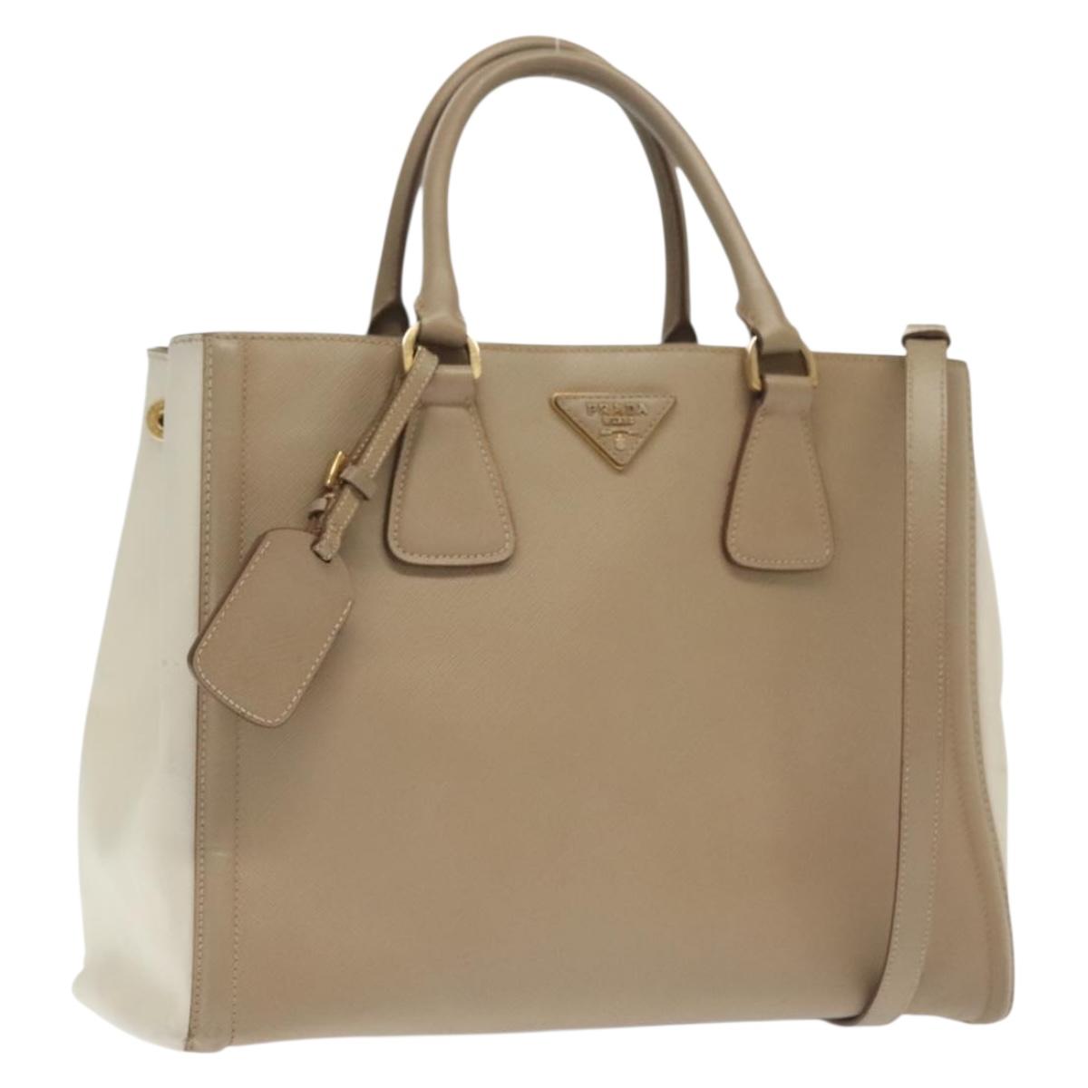 PRADA Hand Bag Safiano Leather 2way Beige Gold Auth BA4750