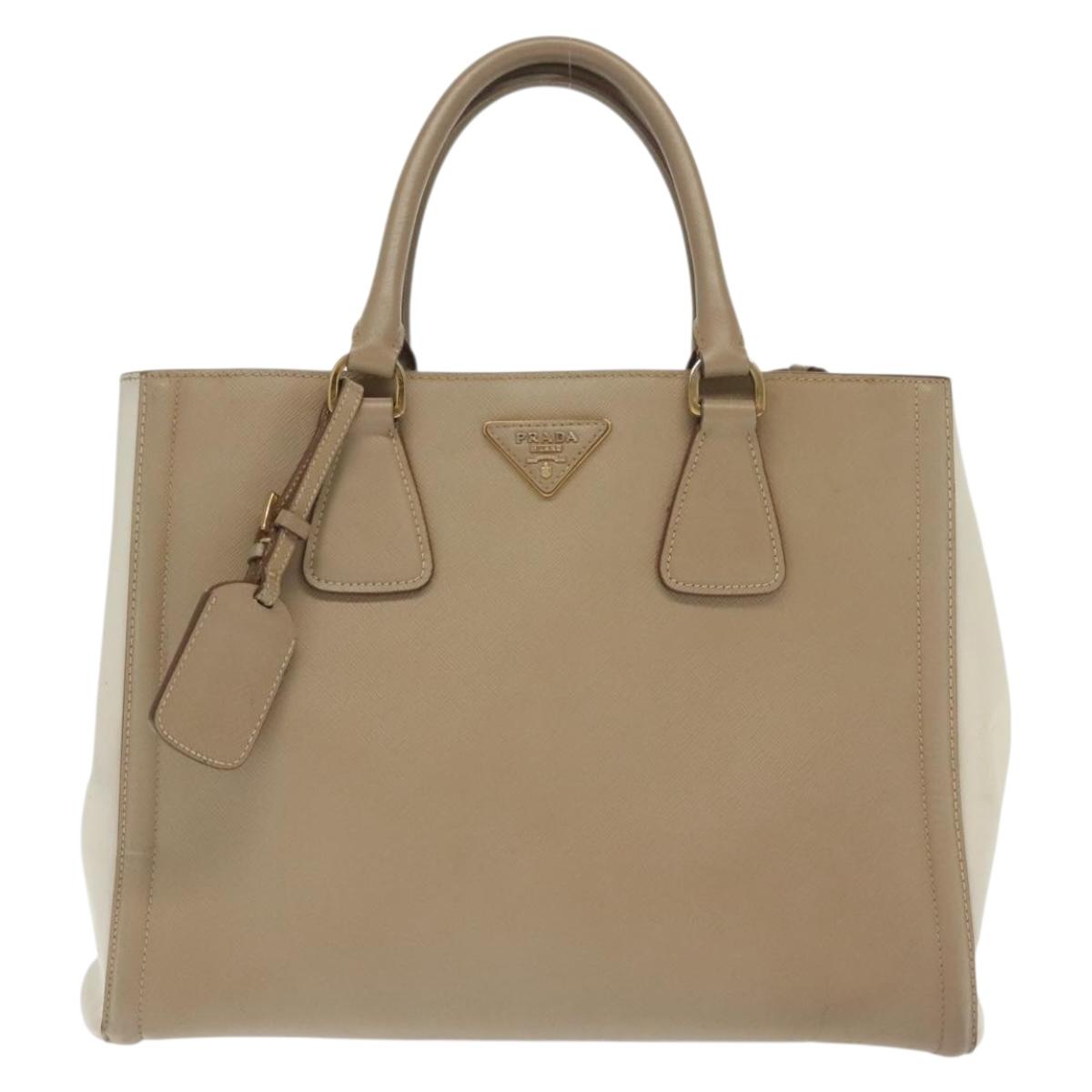 PRADA Hand Bag Safiano Leather 2way Beige Gold Auth BA4750
