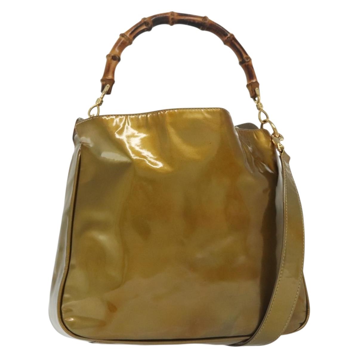 GUCCI Bamboo Hand Bag Patent leather 2way Beige Gold 001 1014 1638 0 Auth BA4761