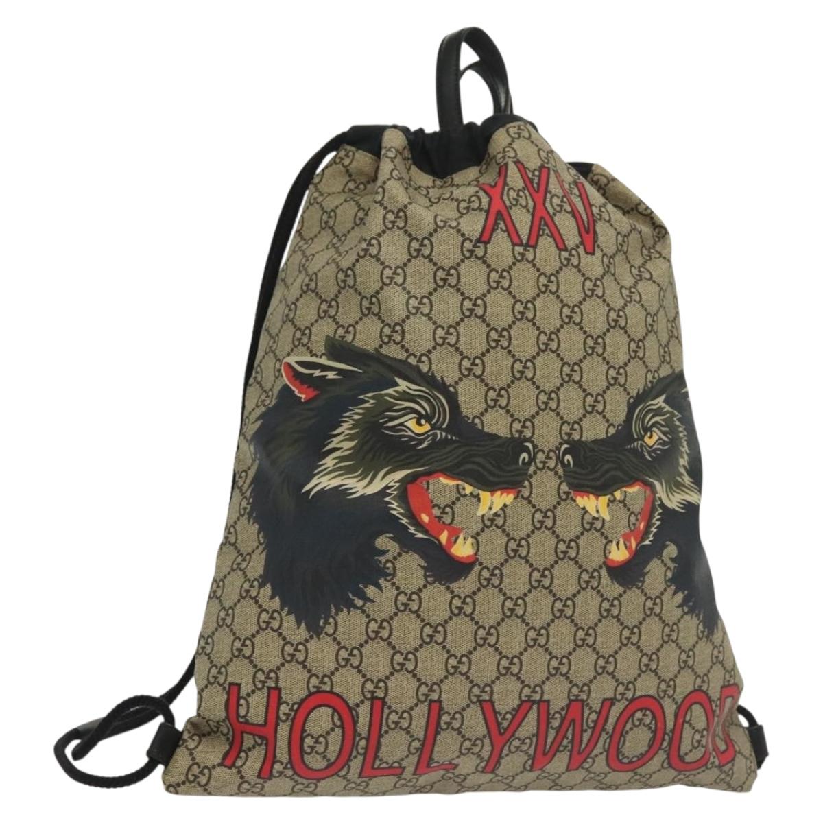 GUCCI GG Supreme Drawstring Backpack PVC Beige 473872 Auth BA4762