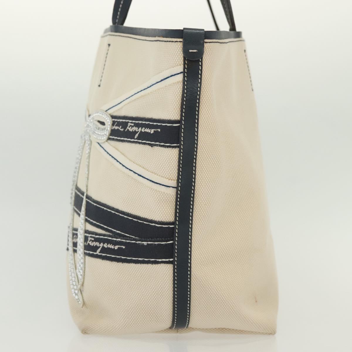 Salvatore Ferragamo Vala Vala Tote Bag Canvas Beige Navy Silver Auth BA4763