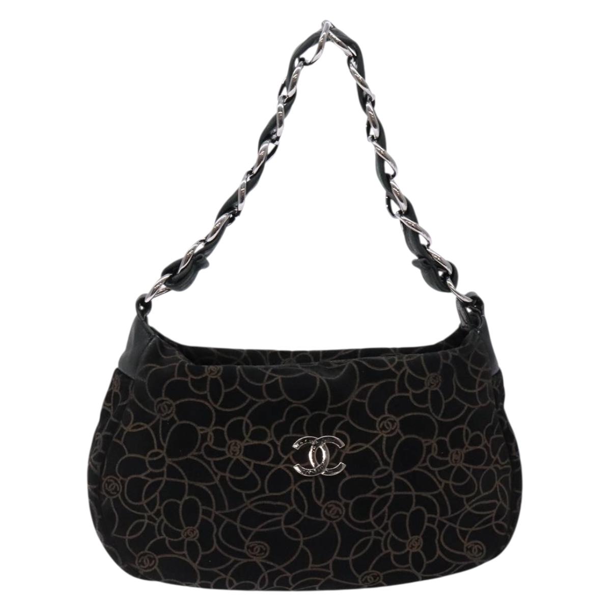 CHANEL Chain COCO Mark Camelia Shoulder Bag Suede Black Silver CC Auth BA4776