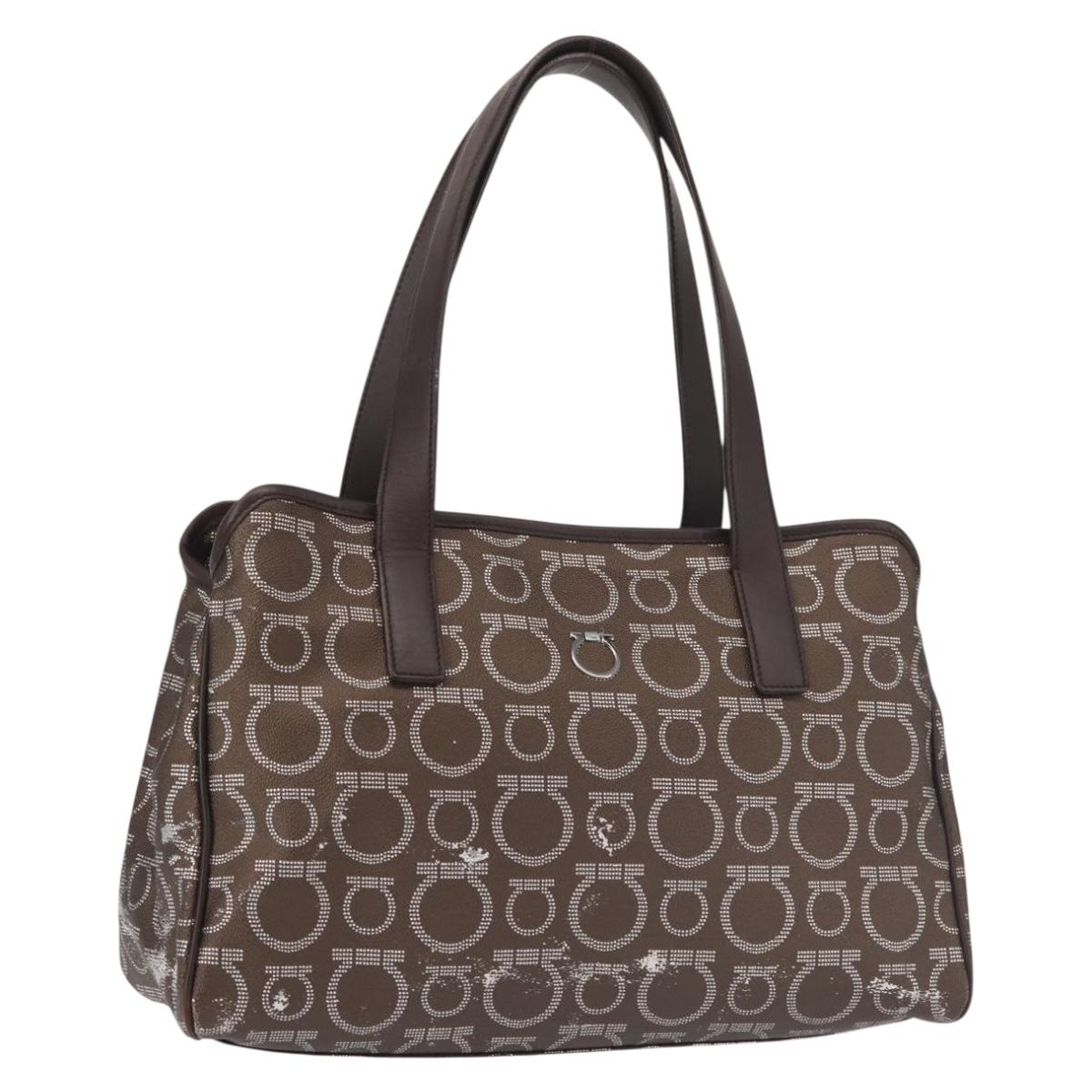 Salvatore Ferragamo Shoulder Bag PVC Leather Dark Brown Silver Auth BA4805