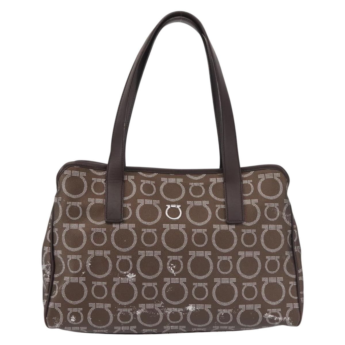 Salvatore Ferragamo Shoulder Bag PVC Leather Dark Brown Silver Auth BA4805