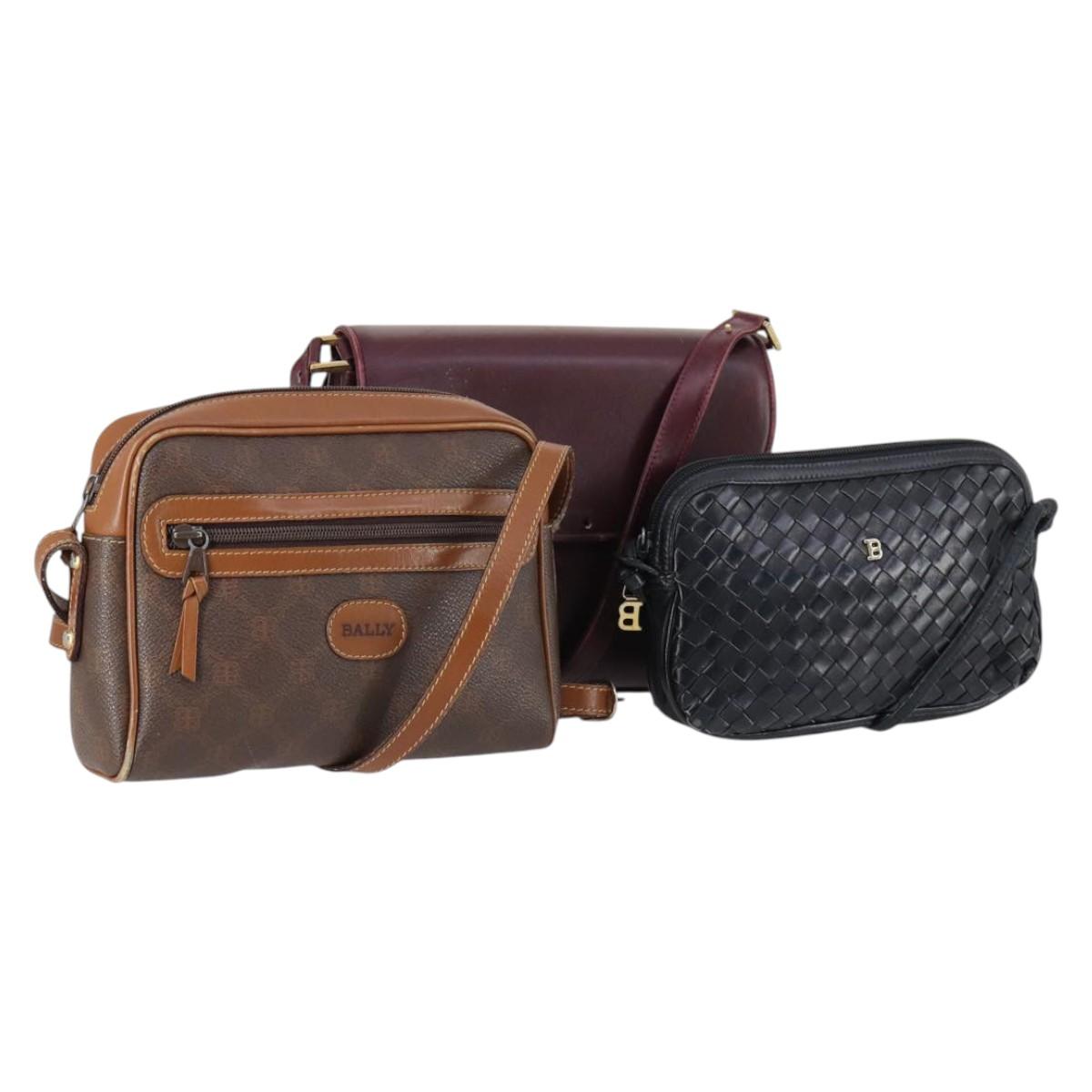 BALLY Shoulder Bag Leather 3Set Brown Black Bordeaux Auth BA4812