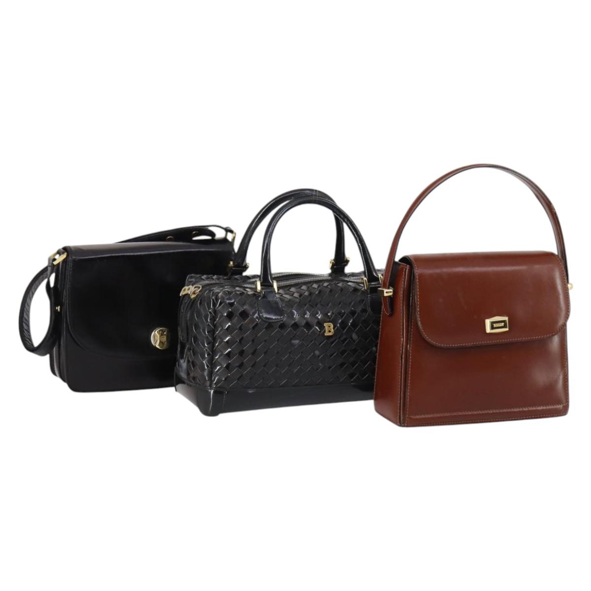 BALLY Shoulder Bag Leather 3 Set Brown Black Auth BA4817