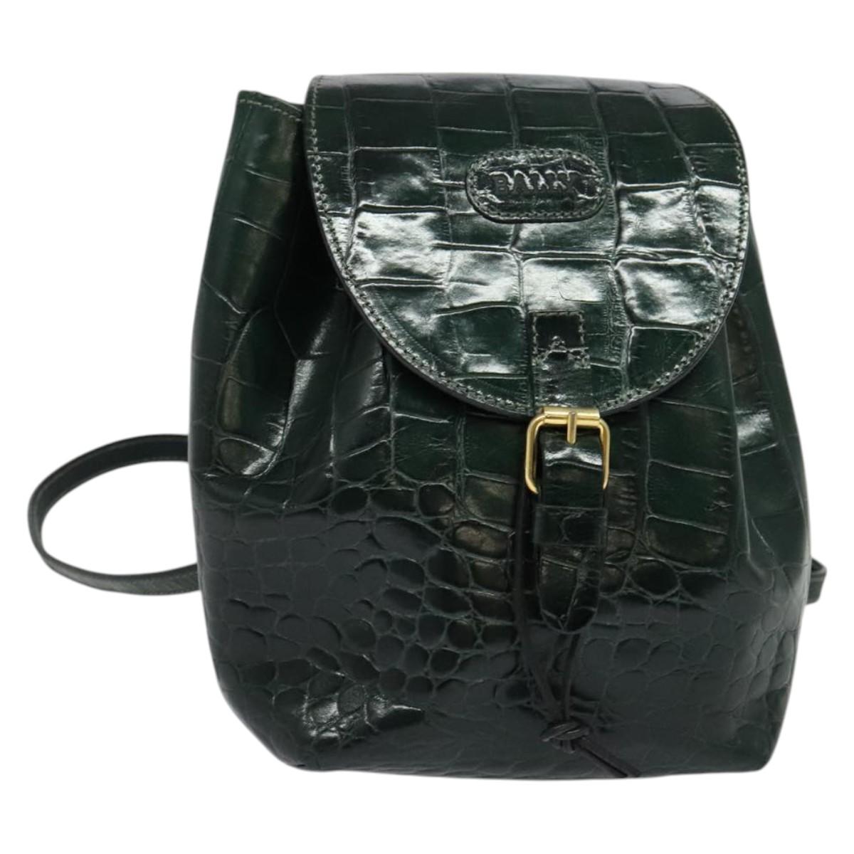 BALLY Embossing Backpack Leather Green Gold Auth BA4870