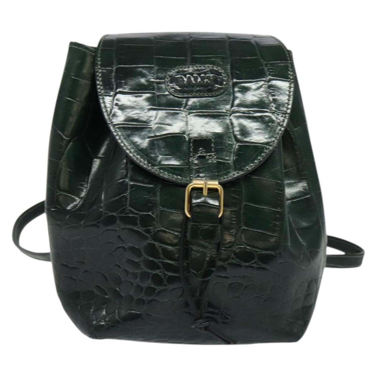 BALLY Embossing Backpack Leather Green Gold Auth BA4870