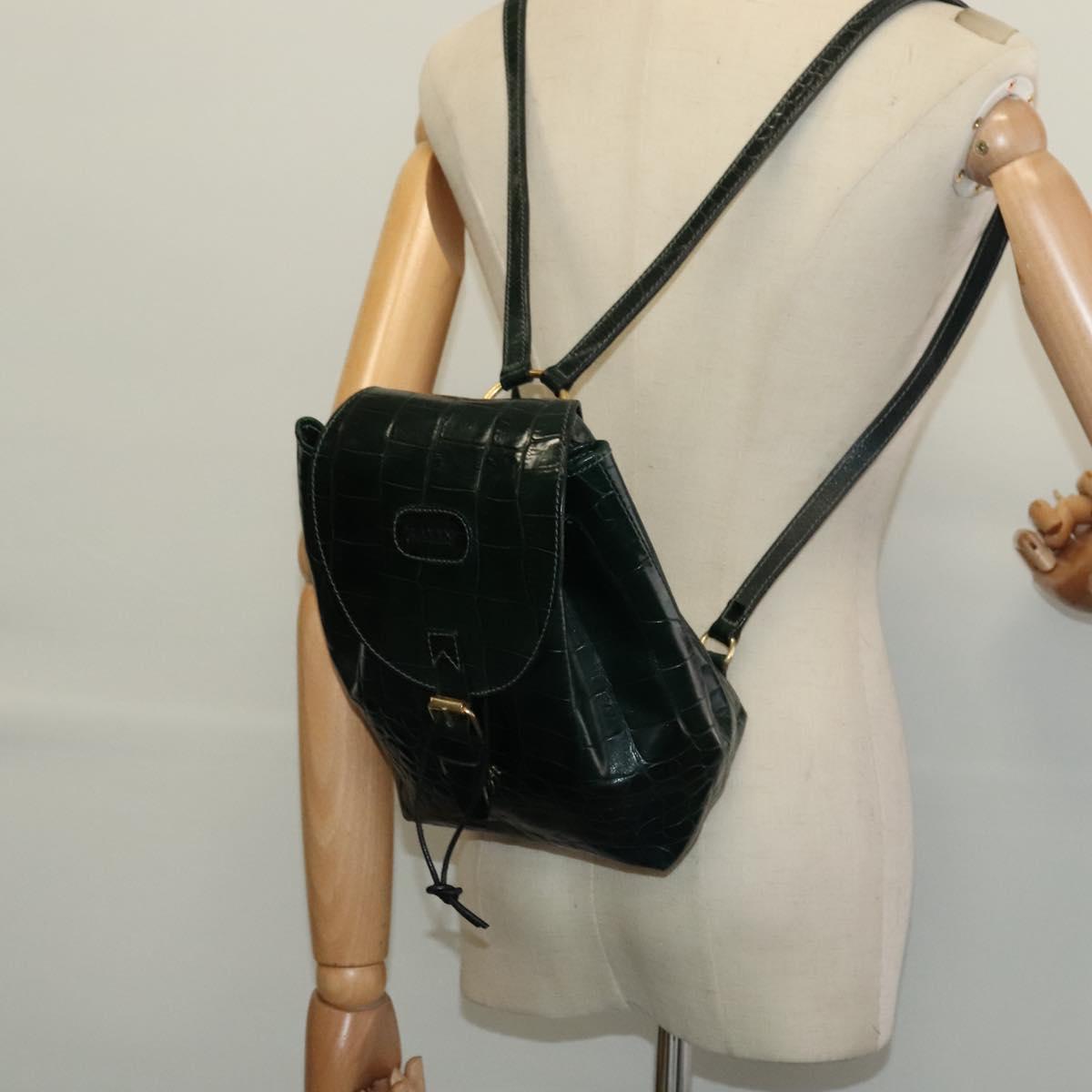 BALLY Embossing Backpack Leather Green Gold Auth BA4870
