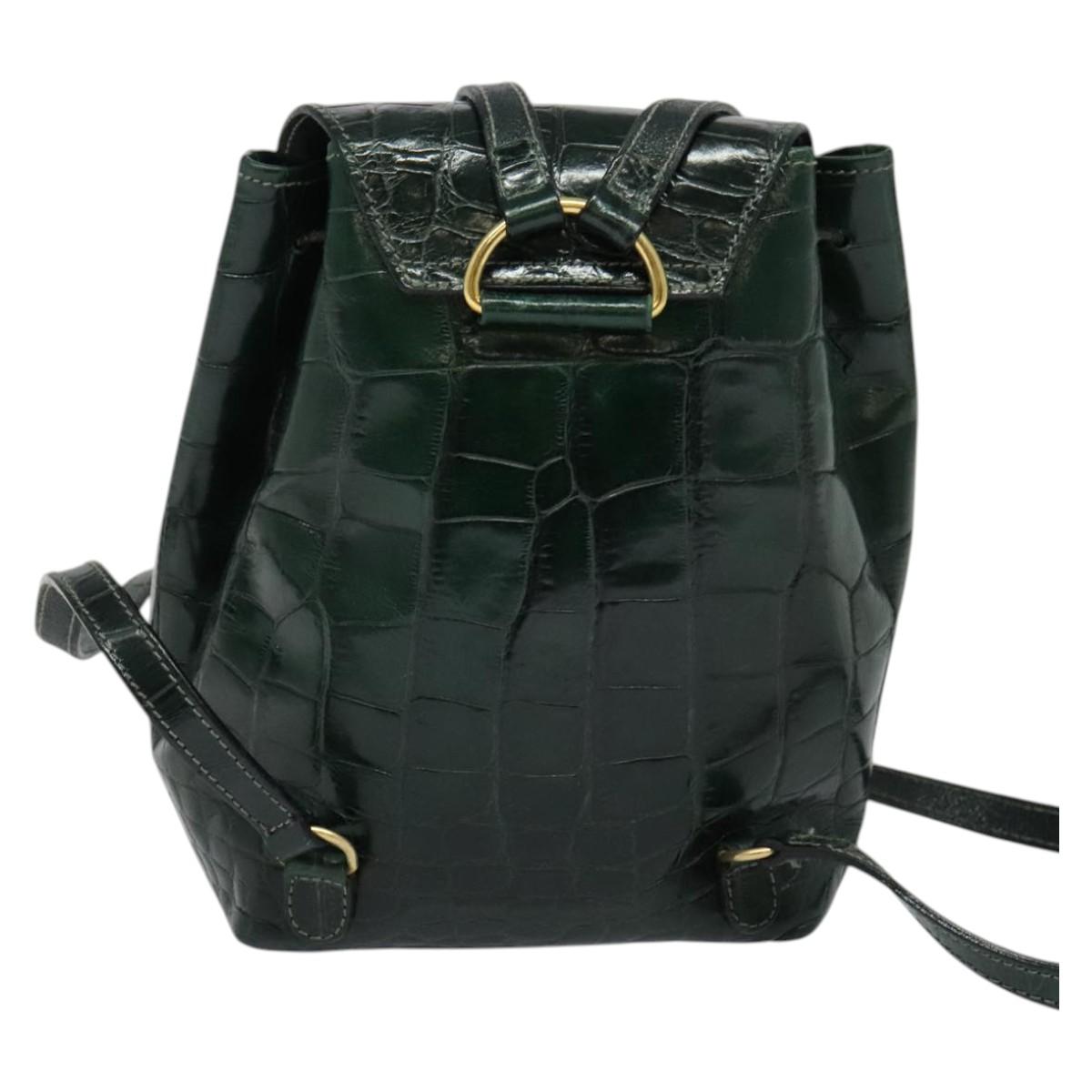 BALLY Embossing Backpack Leather Green Gold Auth BA4870