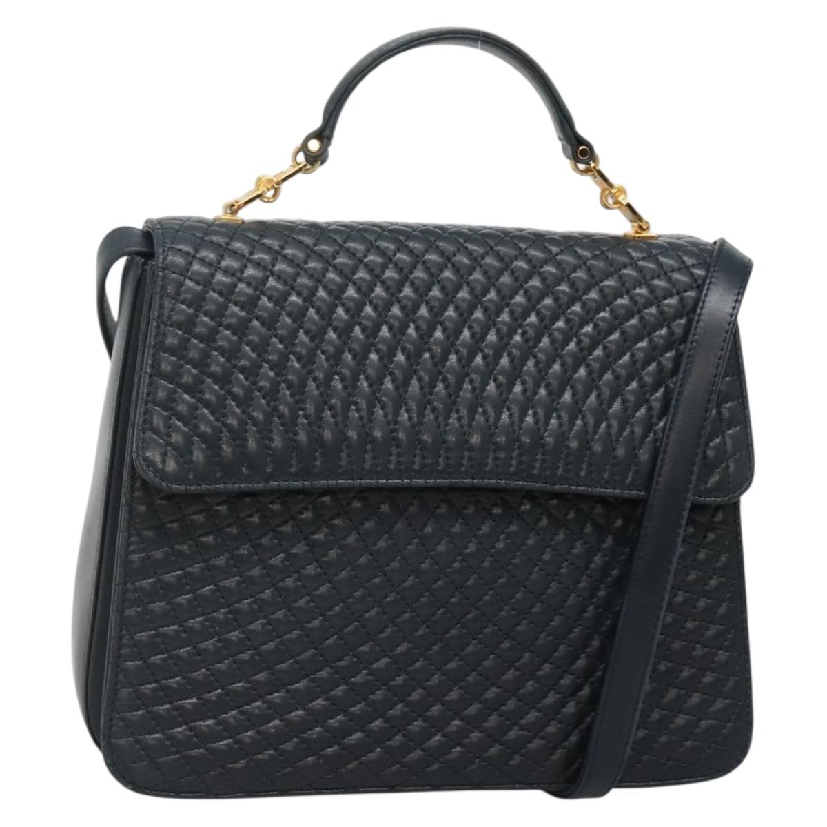 BALLY Hand Bag Leather 2way Navy Gold Auth BA4873