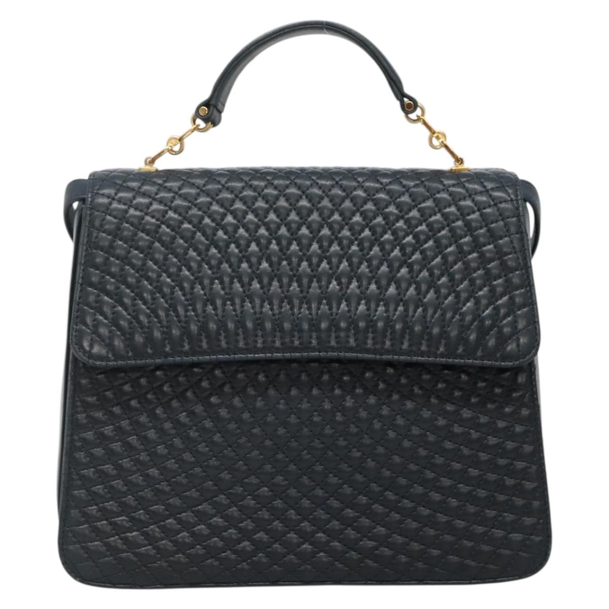 BALLY Hand Bag Leather 2way Navy Gold Auth BA4873