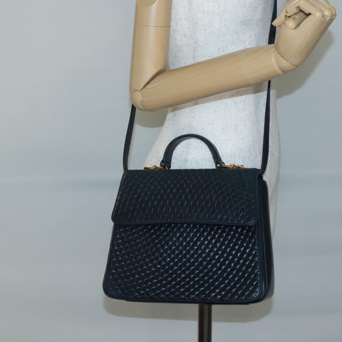 BALLY Hand Bag Leather 2way Navy Gold Auth BA4873