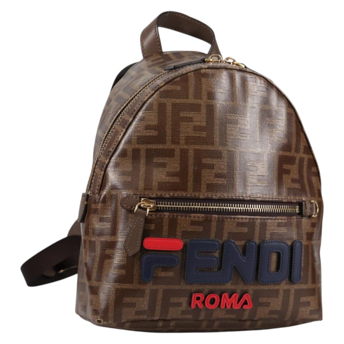 FENDI Zucca Canvas Backpack PVC FILA Collaboration Brown Gold Auth BA4876