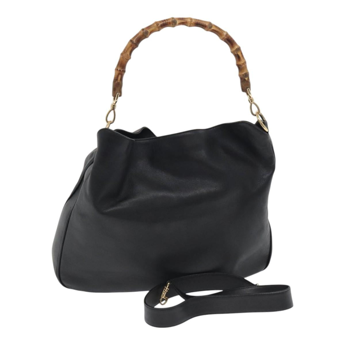 GUCCI Bamboo Hand Bag Leather 2way Black Auth BA490