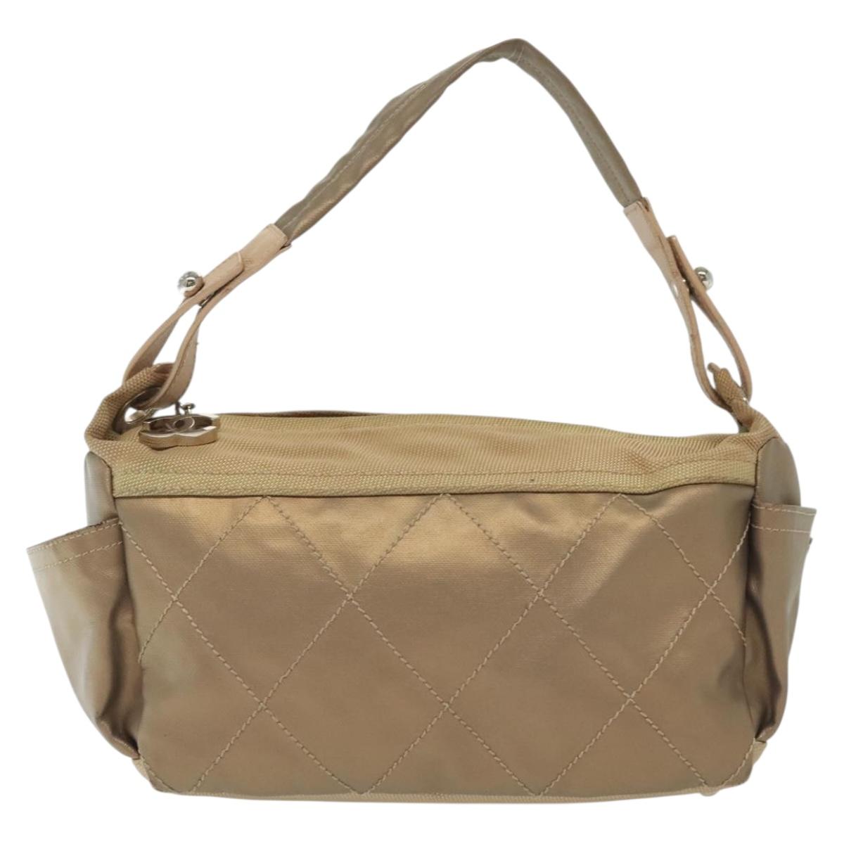 CHANEL Paris Biarritz Shoulder Bag Coated Canvas Beige Silver CC Auth BA4942