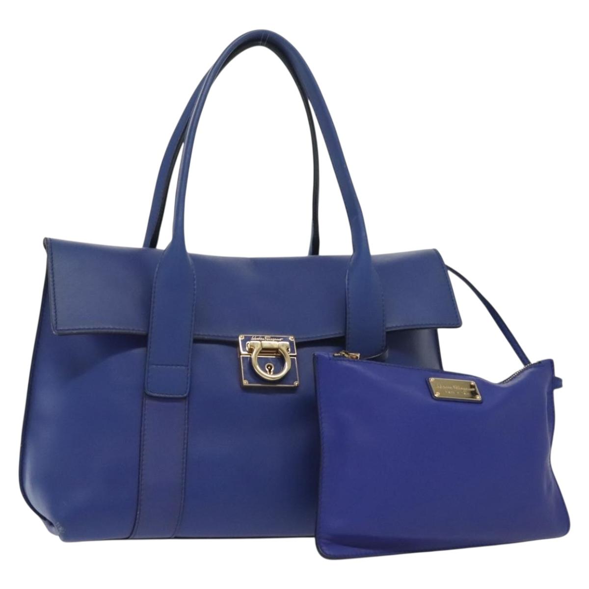 Salvatore Ferragamo Gancini Shoulder Bag Leather Blue Gold Auth BA4955