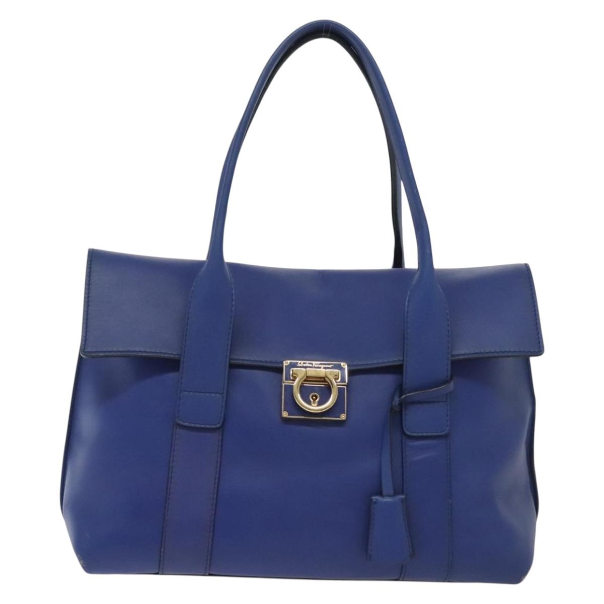 Salvatore Ferragamo Gancini Shoulder Bag Leather Blue Gold Auth BA4955