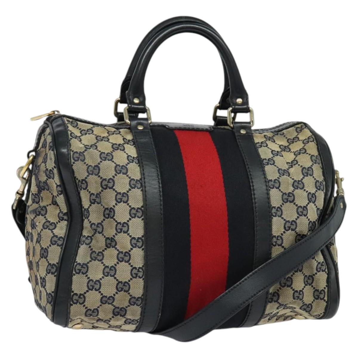 GUCCI GG Canvas Sherry Line Boston Bag Navy Gold 247205 Auth BA4968