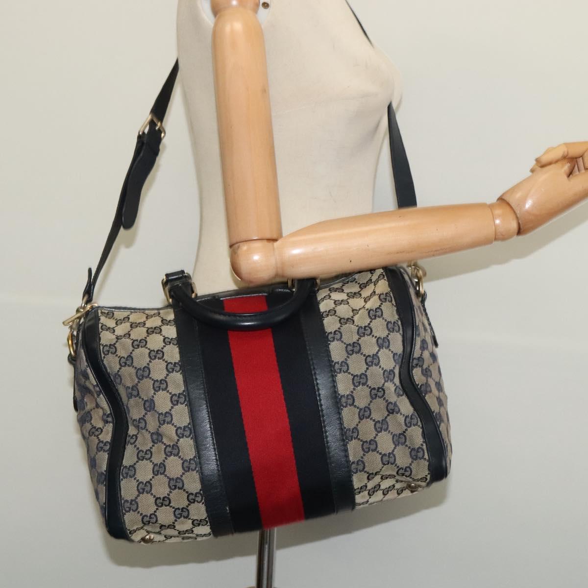 GUCCI GG Canvas Sherry Line Boston Bag Navy Gold 247205 Auth BA4968