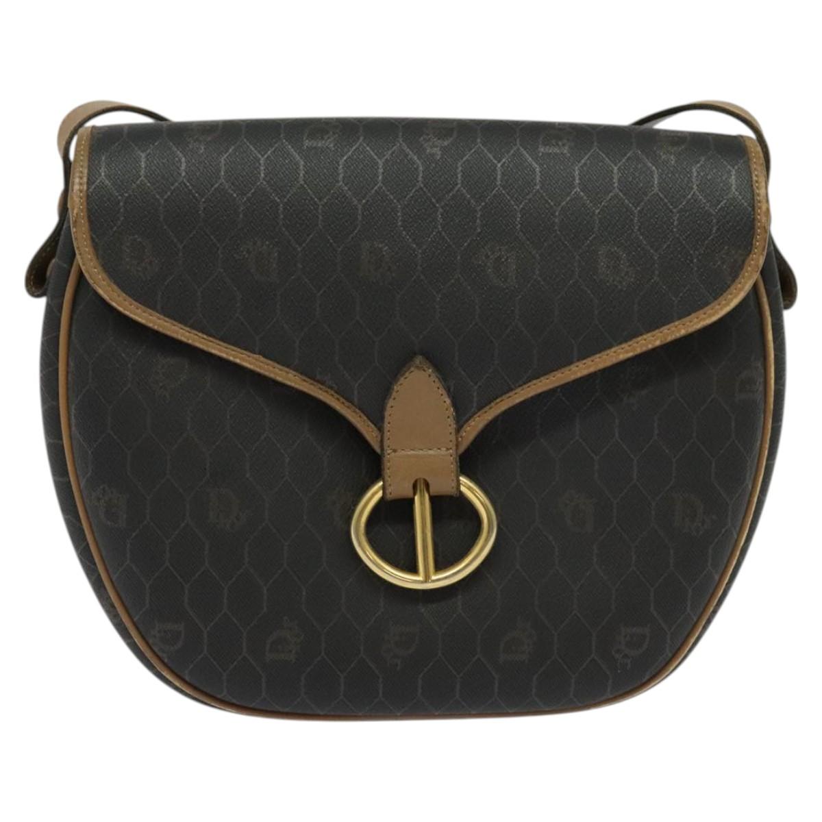 Christian Dior Honeycomb Canvas Shoulder Bag PVC Leather Black Brown Auth BA497