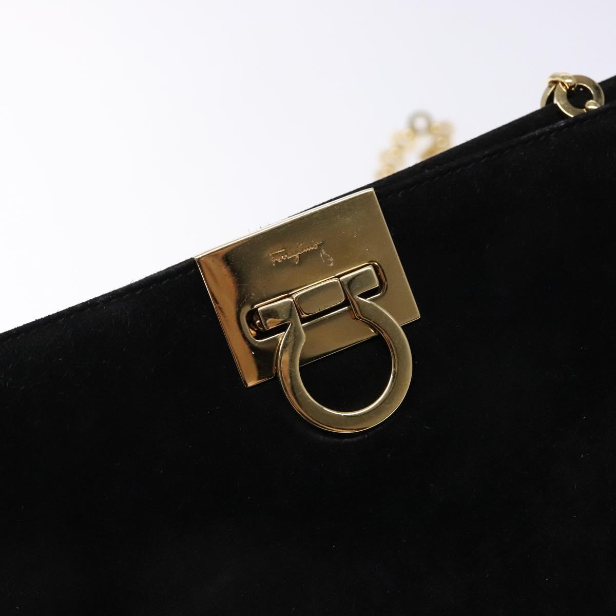 Salvatore Ferragamo Gancini Chain Shoulder Bag Suede Black Gold Auth BA5012