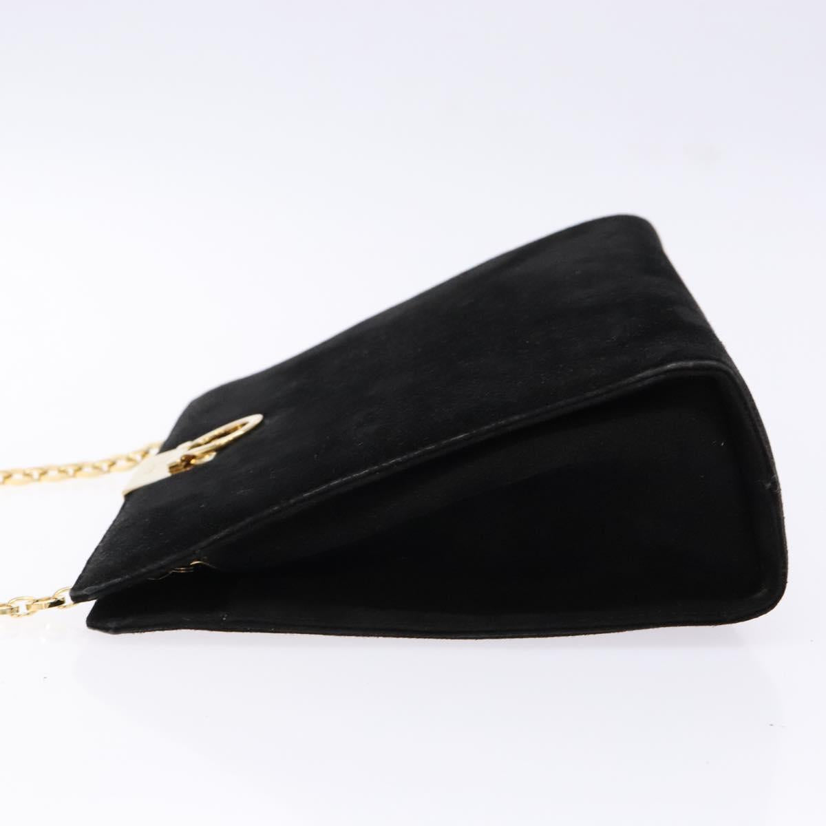 Salvatore Ferragamo Gancini Chain Shoulder Bag Suede Black Gold Auth BA5012