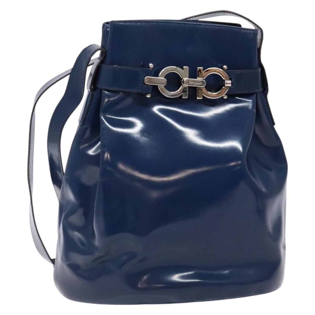 Salvatore Ferragamo Gancini Shoulder Bag Enamel Blue Silver Auth BA5013