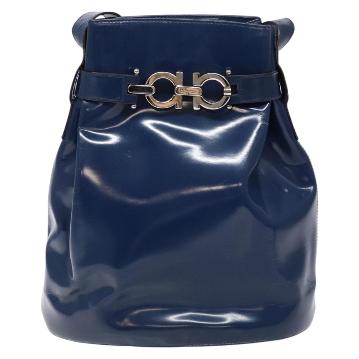 Salvatore Ferragamo Gancini Shoulder Bag Enamel Blue Silver Auth BA5013