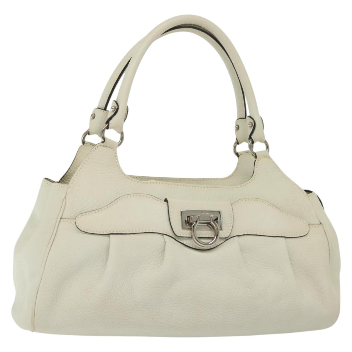 Salvatore Ferragamo Gancini Hand Bag Leather White Silver Auth BA5015